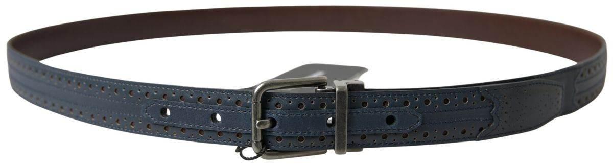 Dolce & Gabbana Blue Leather Perforated Metal Buckle Belt - Hilstor