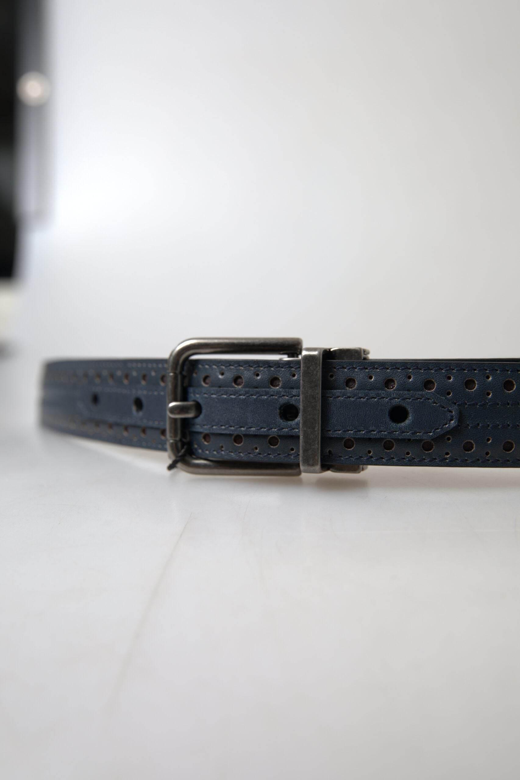 Dolce & Gabbana Blue Leather Perforated Metal Buckle Belt - Hilstor