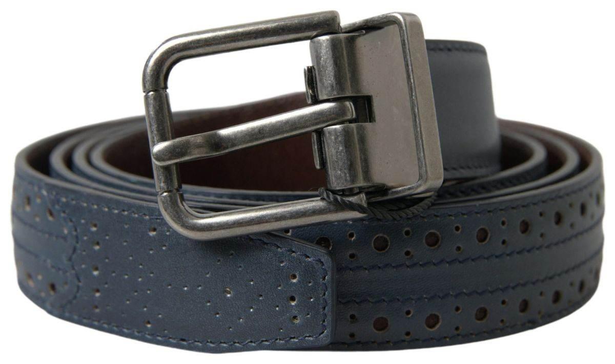 Dolce & Gabbana Blue Leather Perforated Metal Buckle Belt - Hilstor