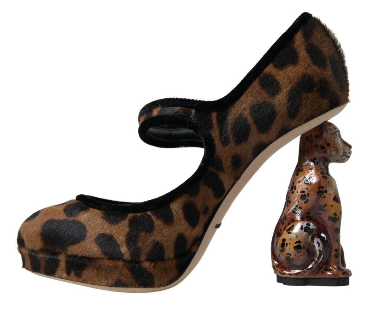 Dolce & Gabbana Black Brown Calf Leopard Heel Mary Jane Pump Shoes - Hilstor