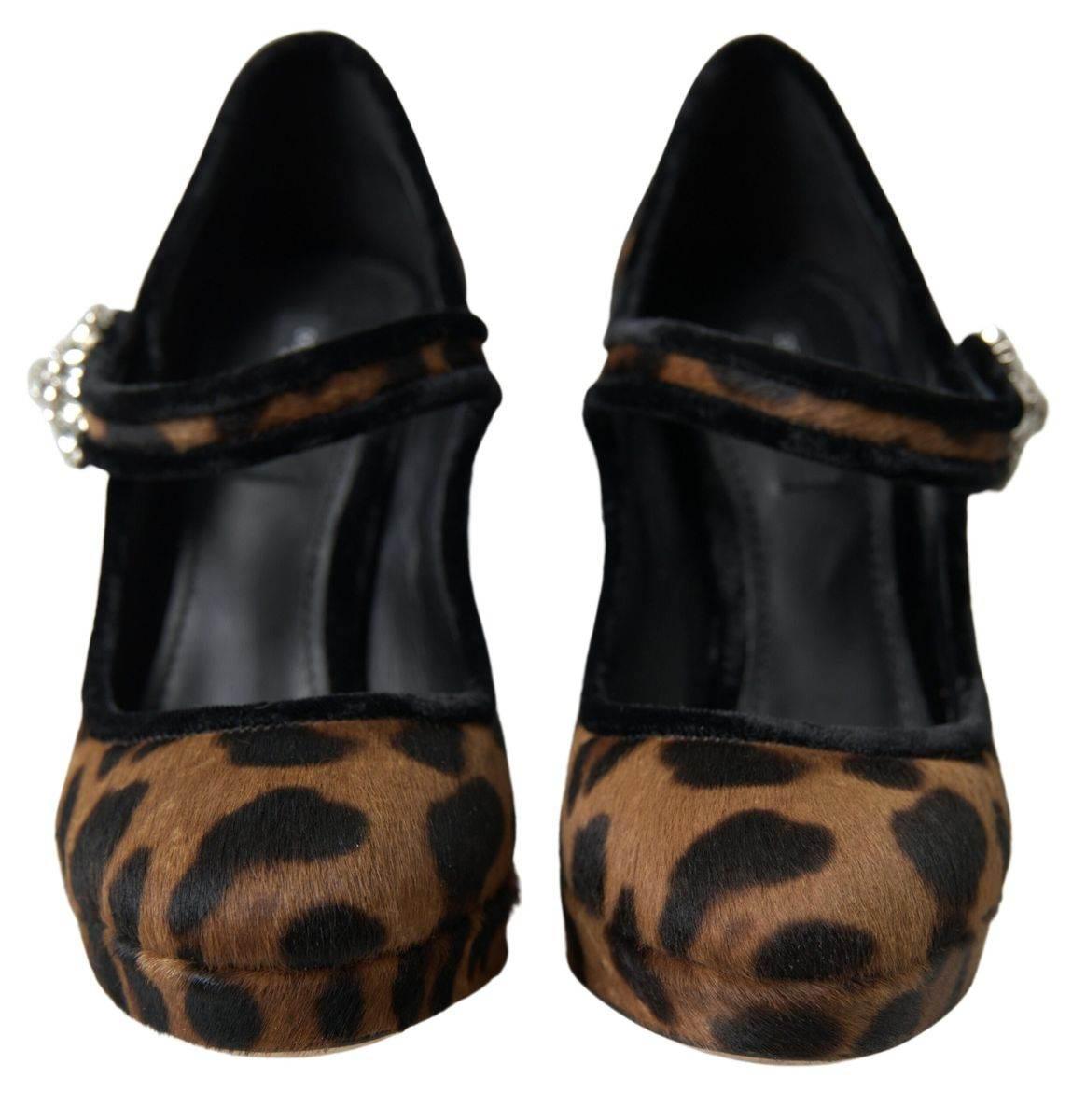 Dolce & Gabbana Black Brown Calf Leopard Heel Mary Jane Pump Shoes - Hilstor