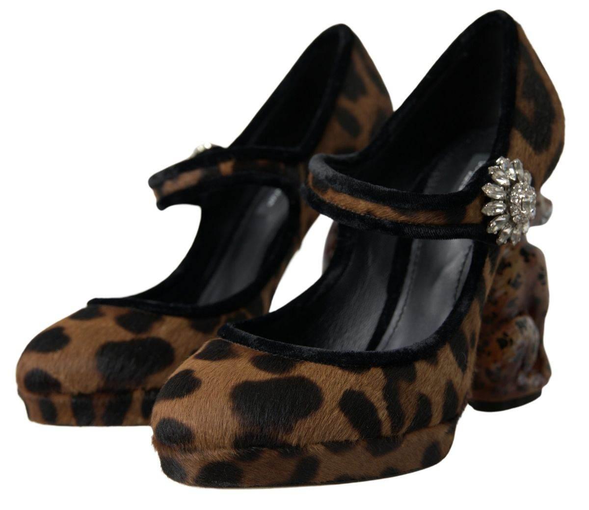 Dolce & Gabbana Black Brown Calf Leopard Heel Mary Jane Pump Shoes - Hilstor