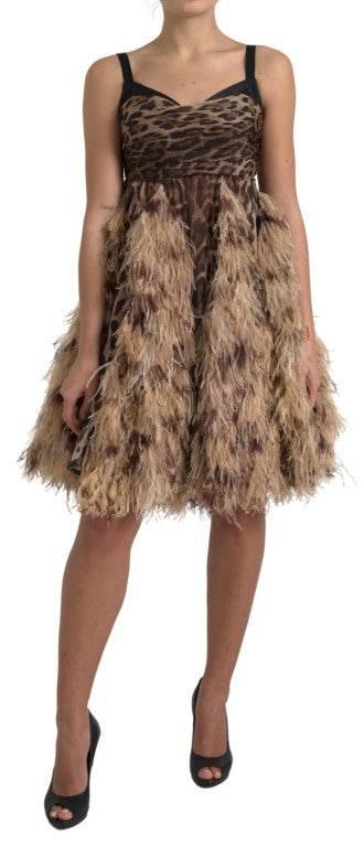 Dolce & Gabbana Brown Leopard Feather Chiffon Sleeveless Dress - Hilstor