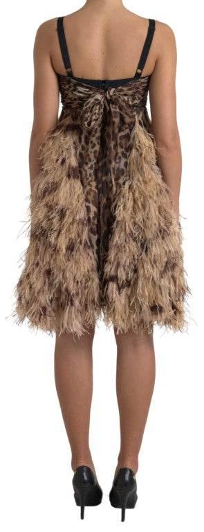 Dolce & Gabbana Brown Leopard Feather Chiffon Sleeveless Dress - Hilstor
