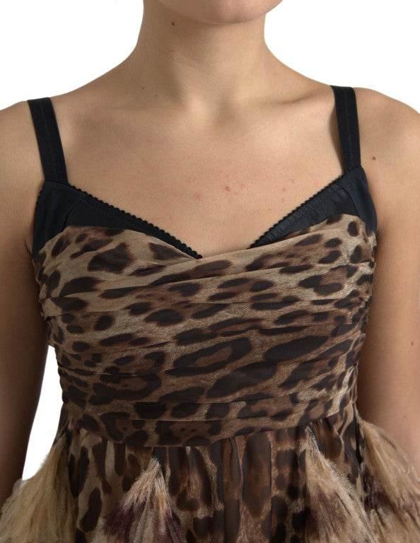 Dolce & Gabbana Brown Leopard Feather Chiffon Sleeveless Dress - Hilstor