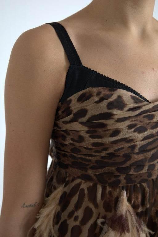Dolce & Gabbana Brown Leopard Feather Chiffon Sleeveless Dress - Hilstor