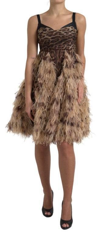 Dolce & Gabbana Brown Leopard Feather Chiffon Sleeveless Dress - Hilstor