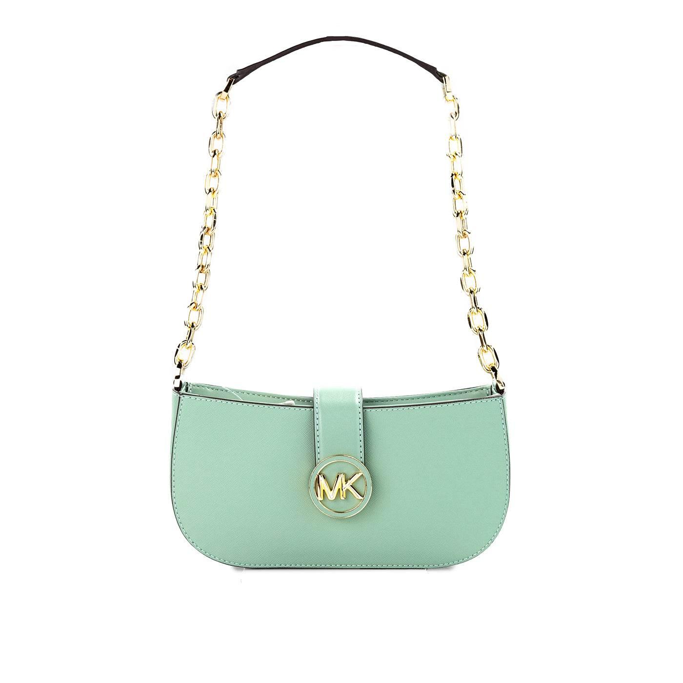 Michael Kors Carmen Small Sea Green Leather Pouchette Shoulder Crossbody Purse - Hilstor