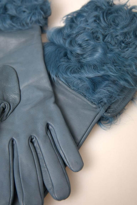 Dolce & Gabbana Elegant Blue Leather Gloves with Fur Trim - Hilstor