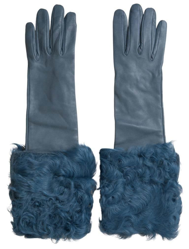 Dolce & Gabbana Elegant Blue Leather Gloves with Fur Trim - Hilstor