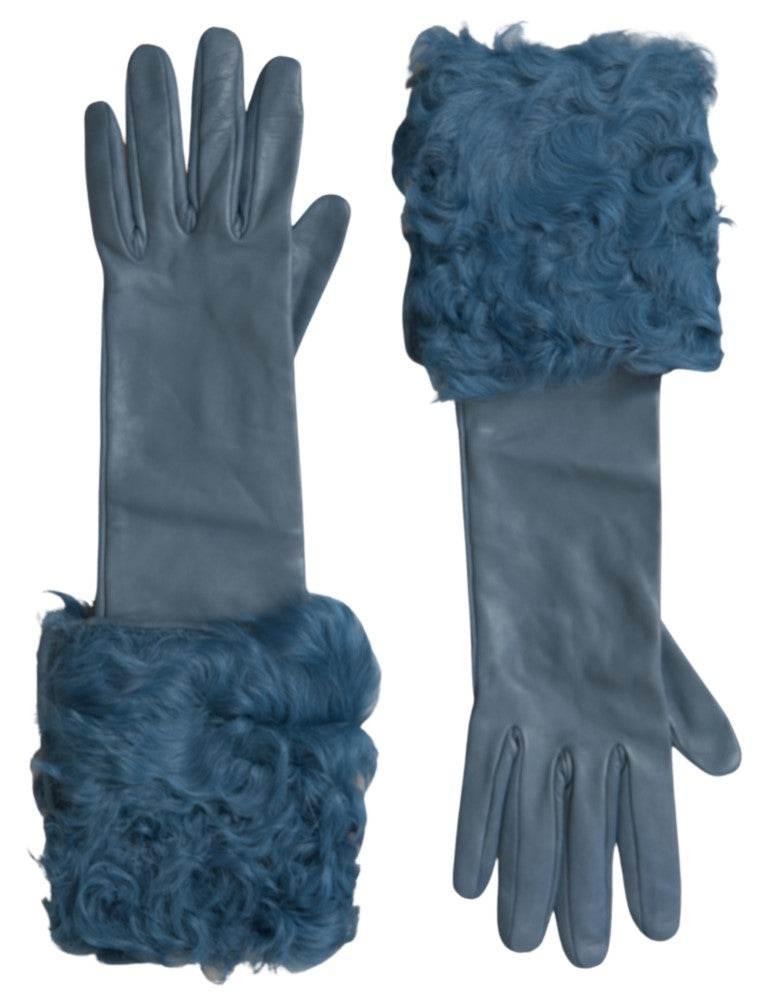 Dolce & Gabbana Elegant Blue Leather Gloves with Fur Trim - Hilstor