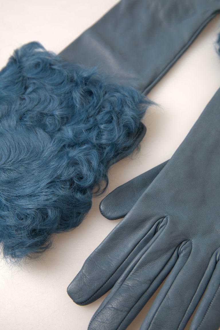 Dolce & Gabbana Elegant Blue Leather Gloves with Fur Trim - Hilstor