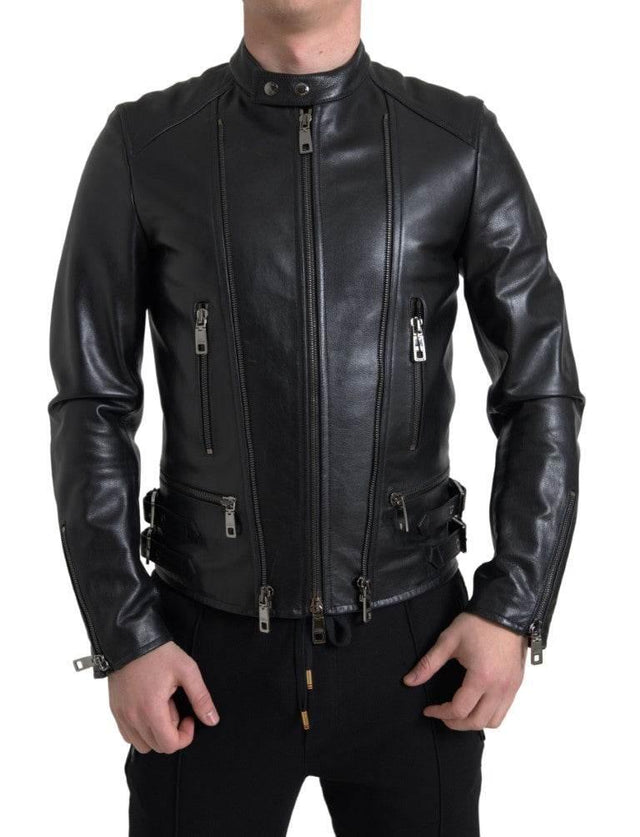 Dolce & Gabbana Black Leather Zipper Coat Men Jacket - Hilstor