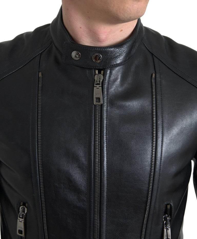 Dolce & Gabbana Black Leather Zipper Coat Men Jacket - Hilstor