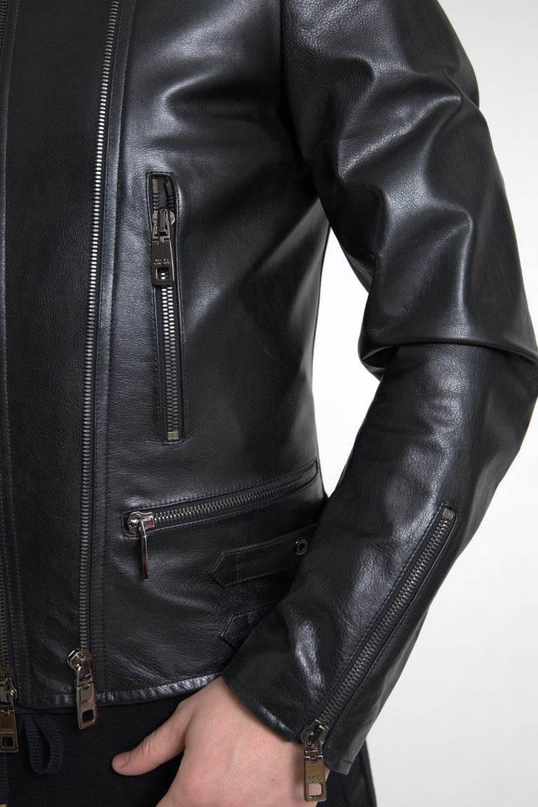 Dolce & Gabbana Black Leather Zipper Coat Men Jacket - Hilstor