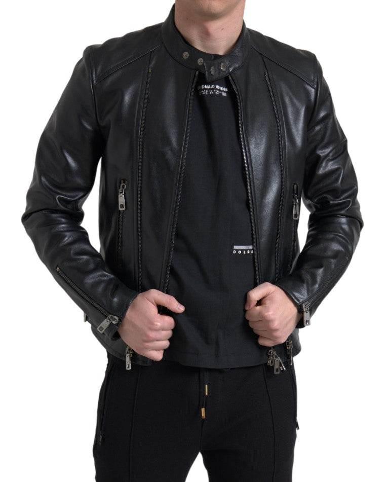 Dolce & Gabbana Black Leather Zipper Coat Men Jacket - Hilstor