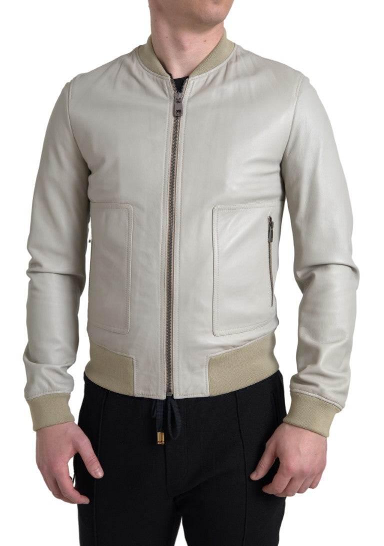 Dolce & Gabbana Cream Leather Bomber Blouson Full Zip Jacket - Hilstor