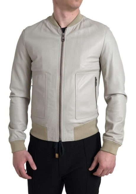 Dolce & Gabbana Cream Leather Bomber Blouson Full Zip Jacket - Hilstor