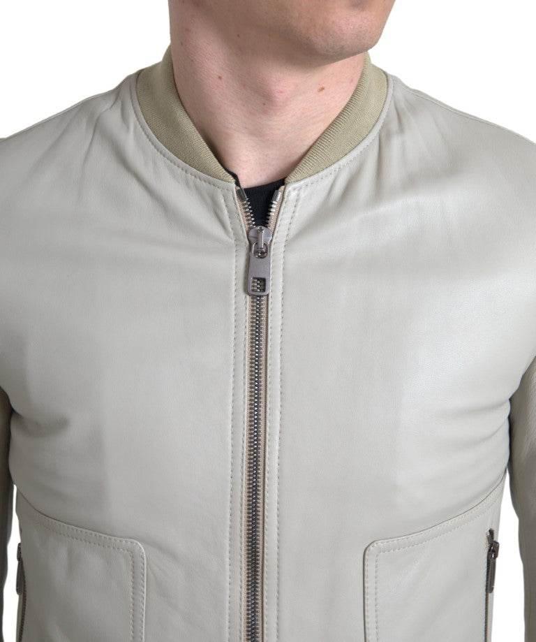 Dolce & Gabbana Cream Leather Bomber Blouson Full Zip Jacket - Hilstor