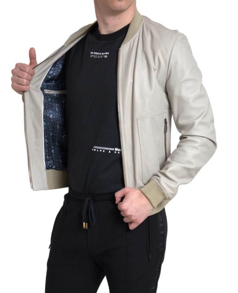 Dolce & Gabbana Cream Leather Bomber Blouson Full Zip Jacket - Hilstor