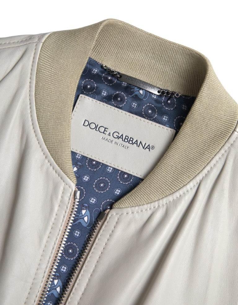 Dolce & Gabbana Cream Leather Bomber Blouson Full Zip Jacket - Hilstor