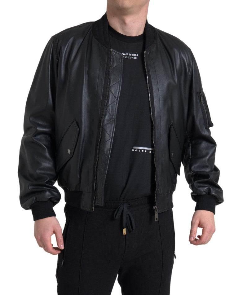 Dolce & Gabbana Black Leather Blouson Full Zip Bomber Jacket - Hilstor
