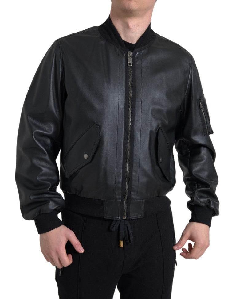 Dolce & Gabbana Black Leather Blouson Full Zip Bomber Jacket - Hilstor