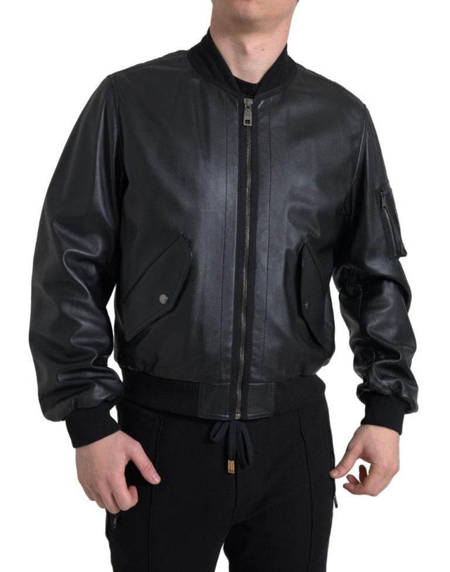 Dolce & Gabbana Black Leather Blouson Full Zip Bomber Jacket - Hilstor