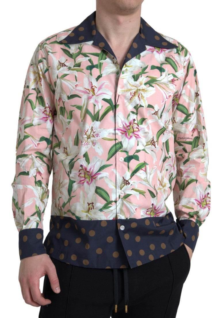 Dolce & Gabbana Cotton Polka Dot Lily Print Collared Shirt - Hilstor