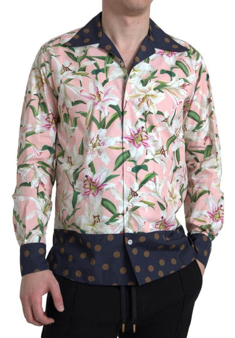Dolce & Gabbana Cotton Polka Dot Lily Print Collared Shirt - Hilstor