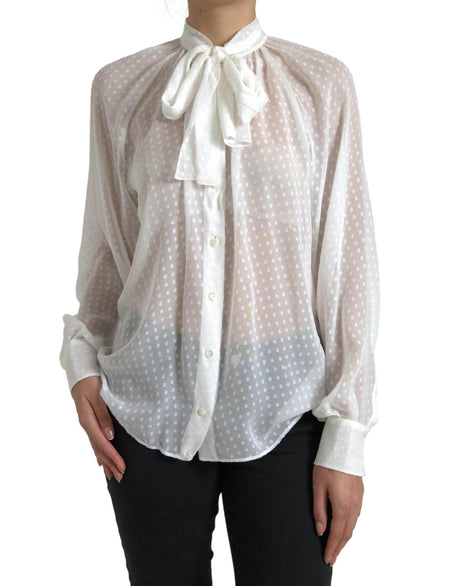 Dolce & Gabbana White Silk Sheer Tied Neck Polka Dots Blouse - Hilstor