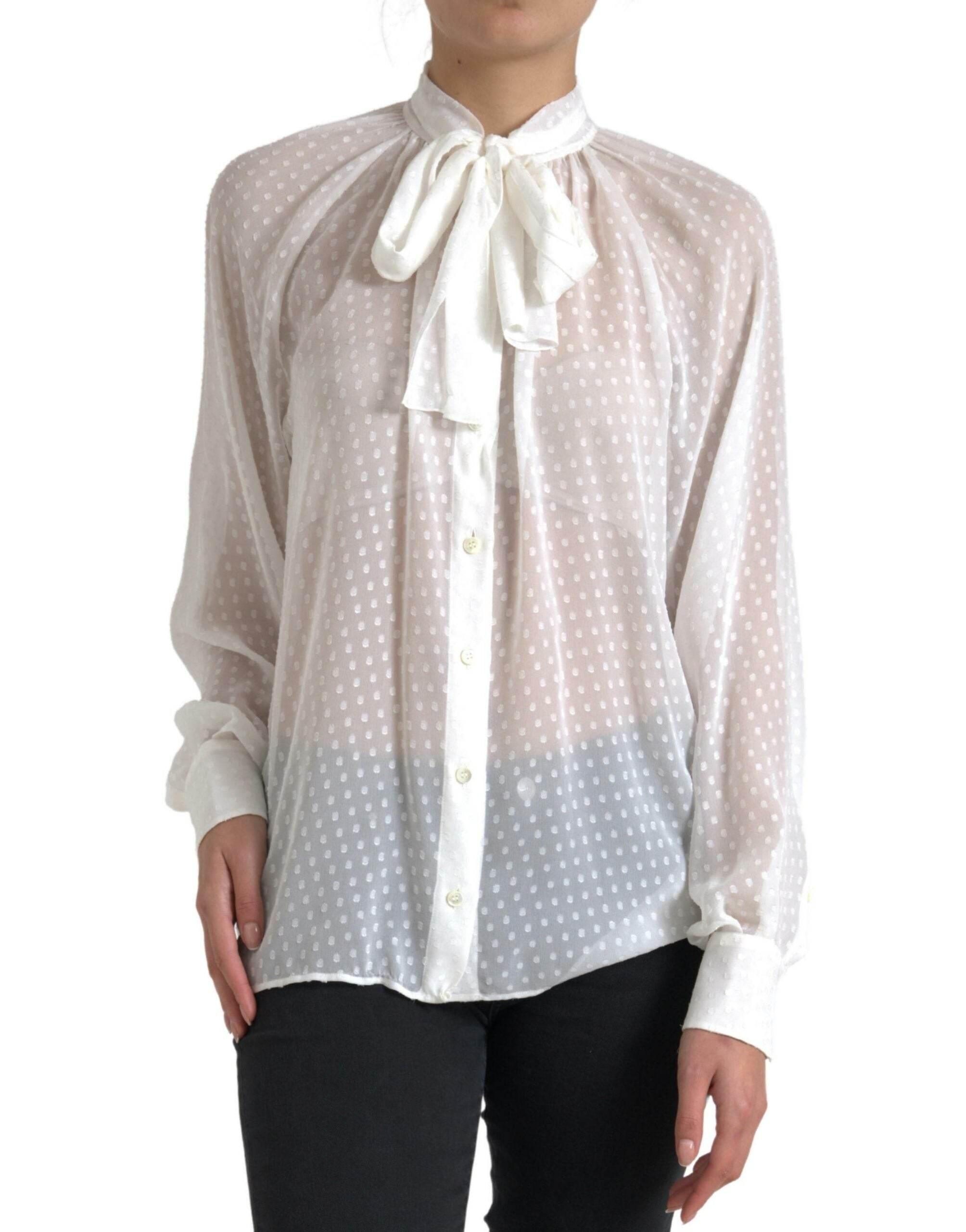 Dolce & Gabbana White Silk Sheer Tied Neck Polka Dots Blouse - Hilstor