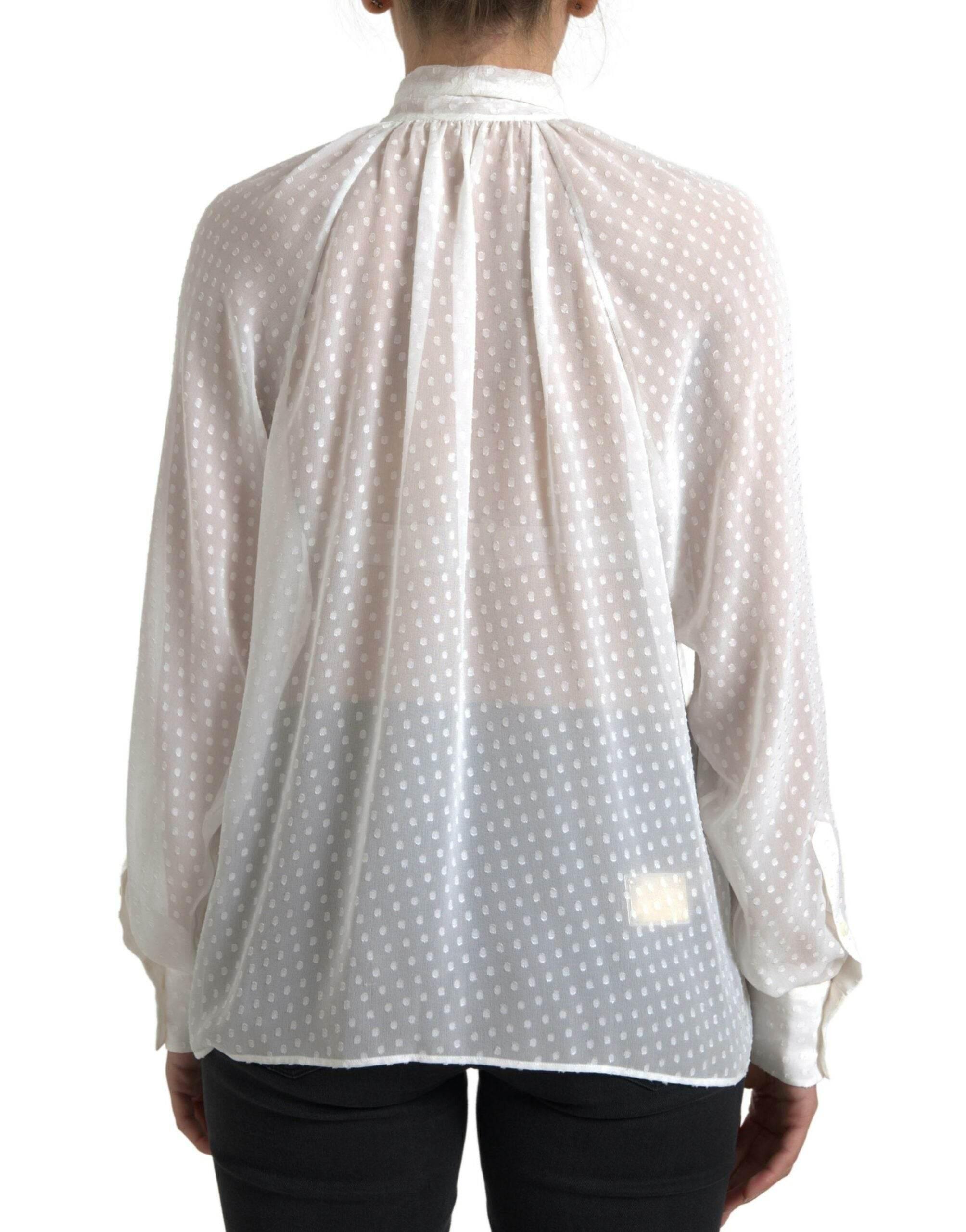 Dolce & Gabbana White Silk Sheer Tied Neck Polka Dots Blouse - Hilstor