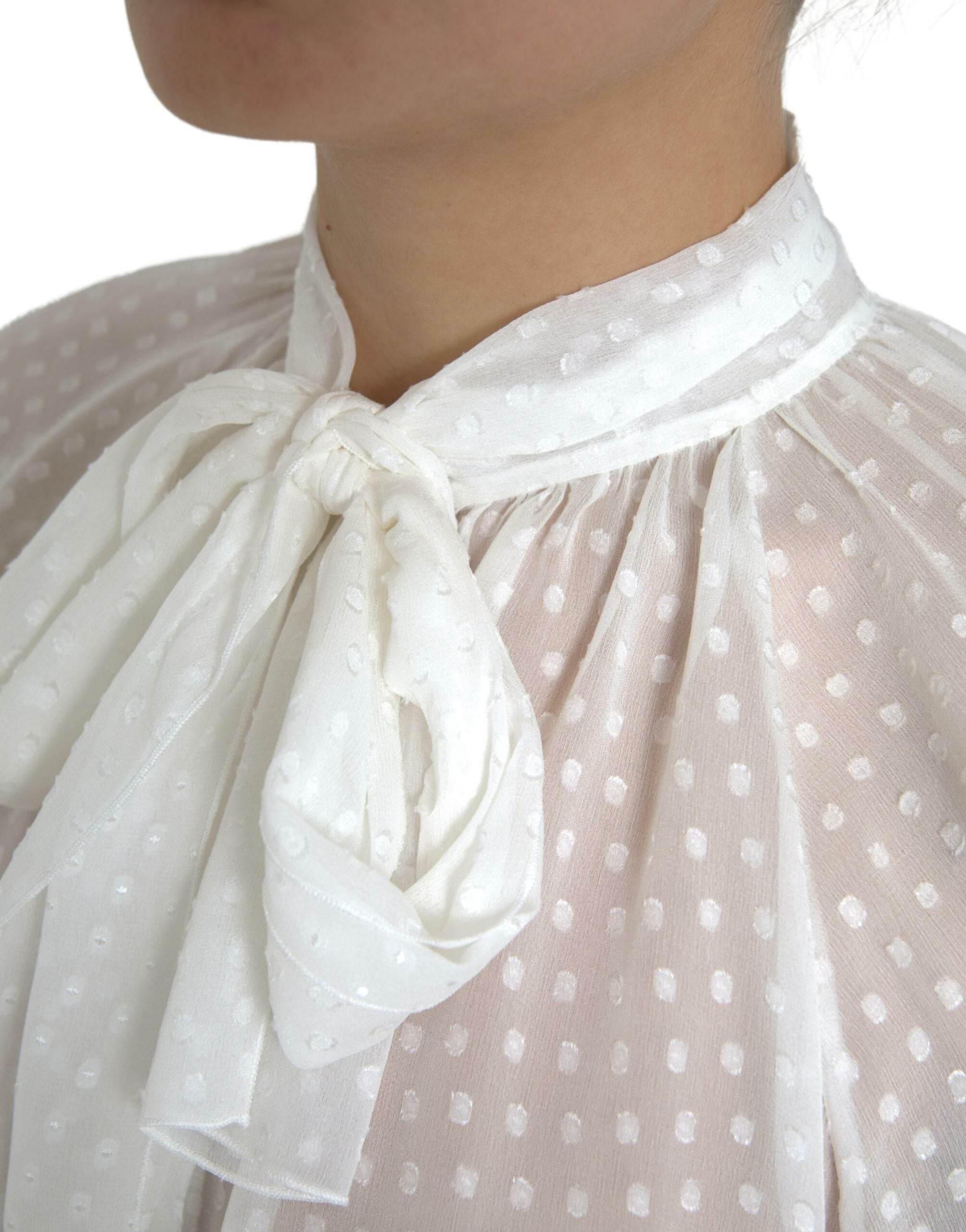 Dolce & Gabbana White Silk Sheer Tied Neck Polka Dots Blouse - Hilstor