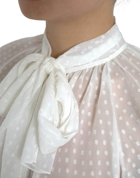 Dolce & Gabbana White Silk Sheer Tied Neck Polka Dots Blouse - Hilstor