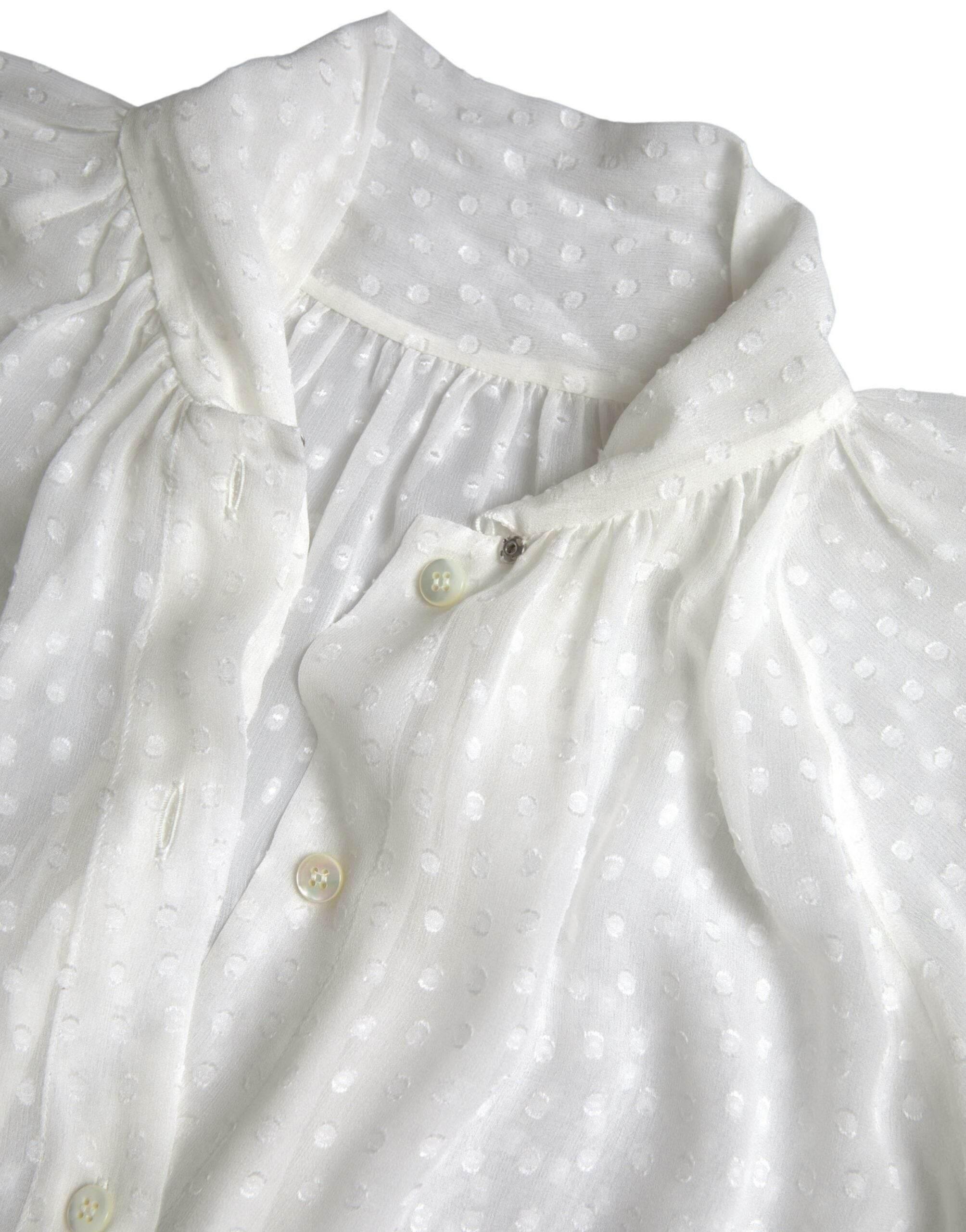 Dolce & Gabbana White Silk Sheer Tied Neck Polka Dots Blouse - Hilstor