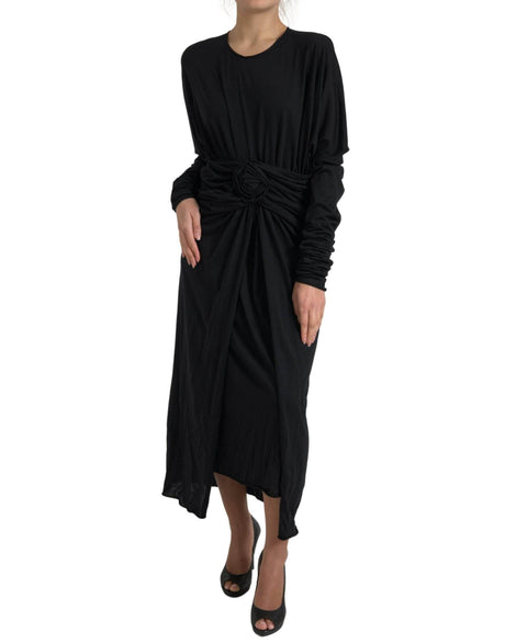 Dolce & Gabbana Black Wool Wrap Sheath Midi Gown Dress - Hilstor