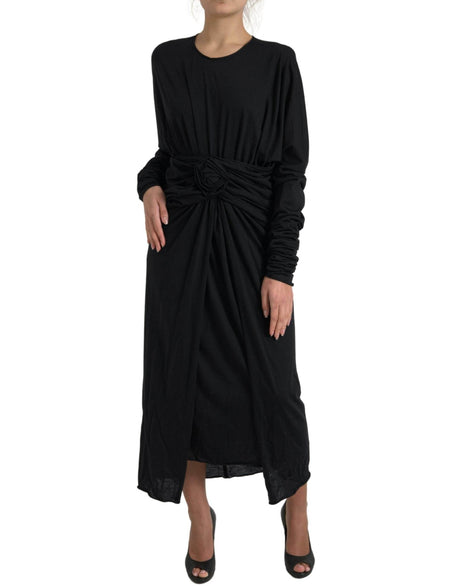 Dolce & Gabbana Black Wool Wrap Sheath Midi Gown Dress - Hilstor