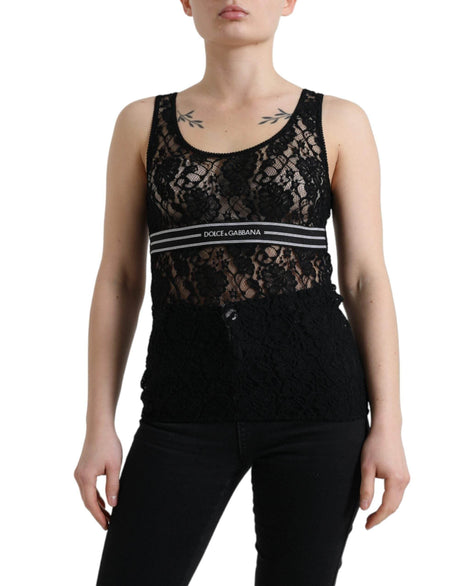 Dolce & Gabbana Black Logo Stripe Lace Sleeveless Tank Top - Hilstor