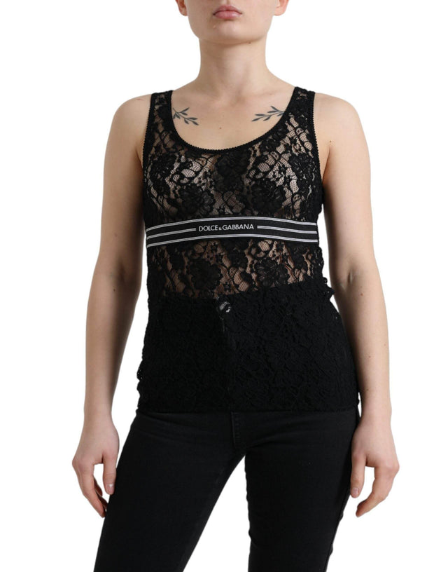 Dolce & Gabbana Black Logo Stripe Lace Sleeveless Tank Top - Hilstor
