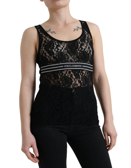Dolce & Gabbana Black Logo Stripe Lace Sleeveless Tank Top - Hilstor