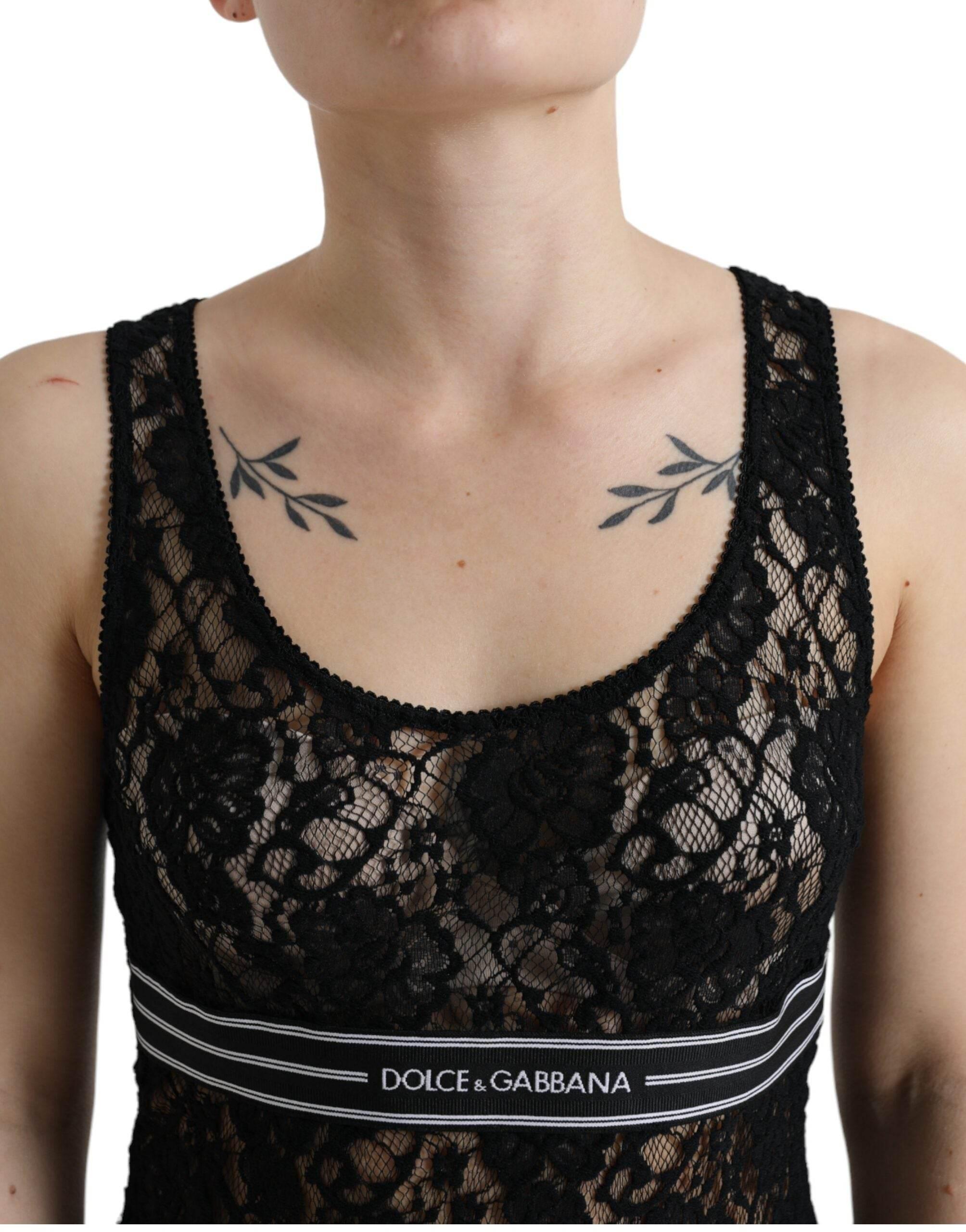 Dolce & Gabbana Black Logo Stripe Lace Sleeveless Tank Top - Hilstor
