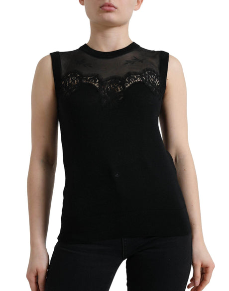 Dolce & Gabbana Black Cashmere Lace Trim Sleeveless Tank Top - Hilstor