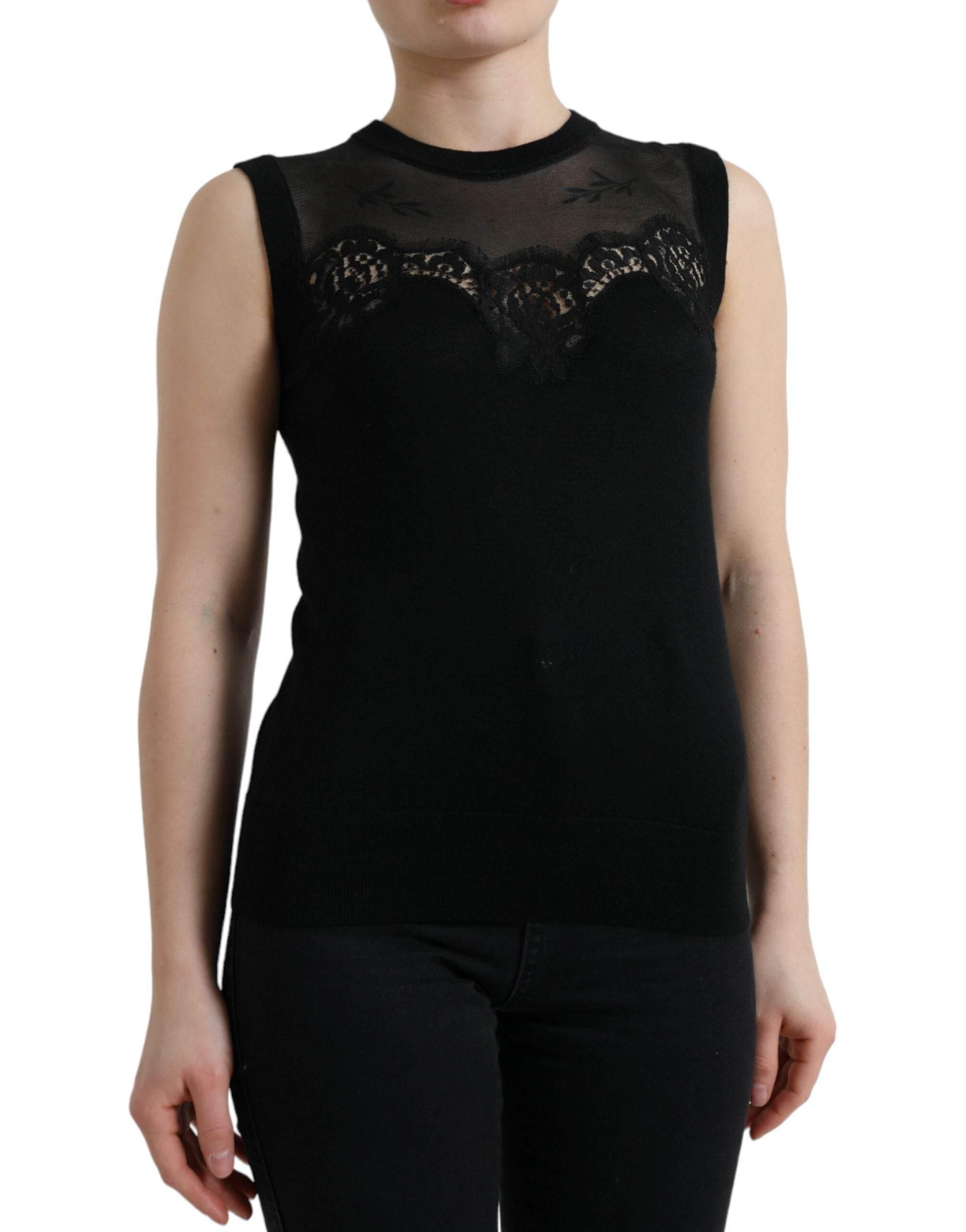 Dolce & Gabbana Black Cashmere Lace Trim Sleeveless Tank Top - Hilstor