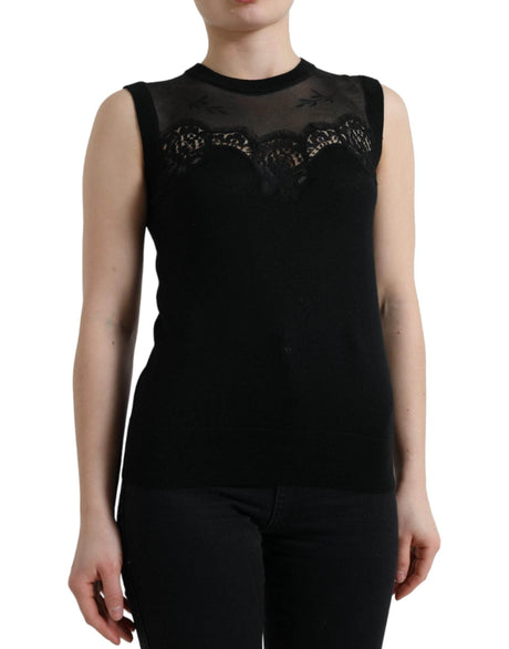 Dolce & Gabbana Black Cashmere Lace Trim Sleeveless Tank Top - Hilstor