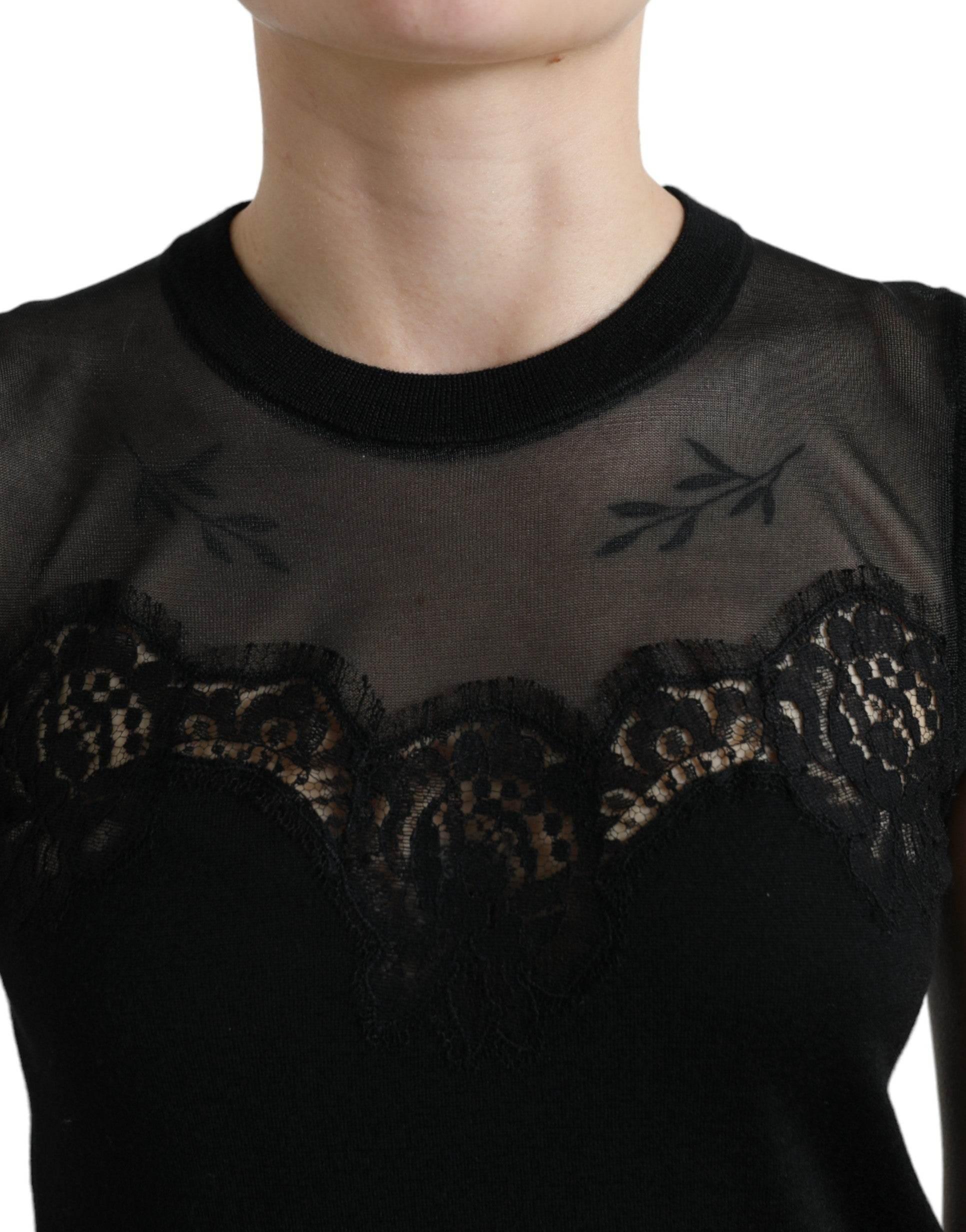 Dolce & Gabbana Black Cashmere Lace Trim Sleeveless Tank Top - Hilstor
