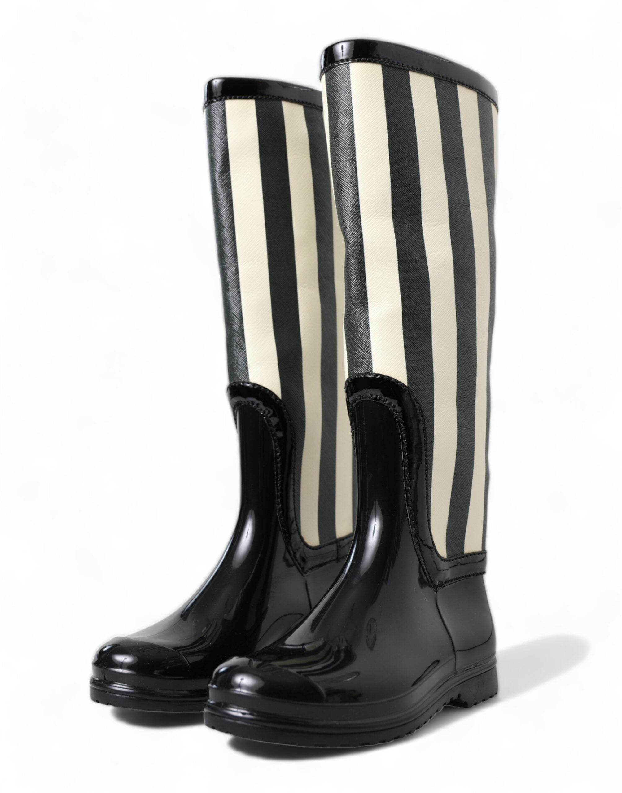 Dolce & Gabbana Black and White Striped Knee High Boots - Hilstor