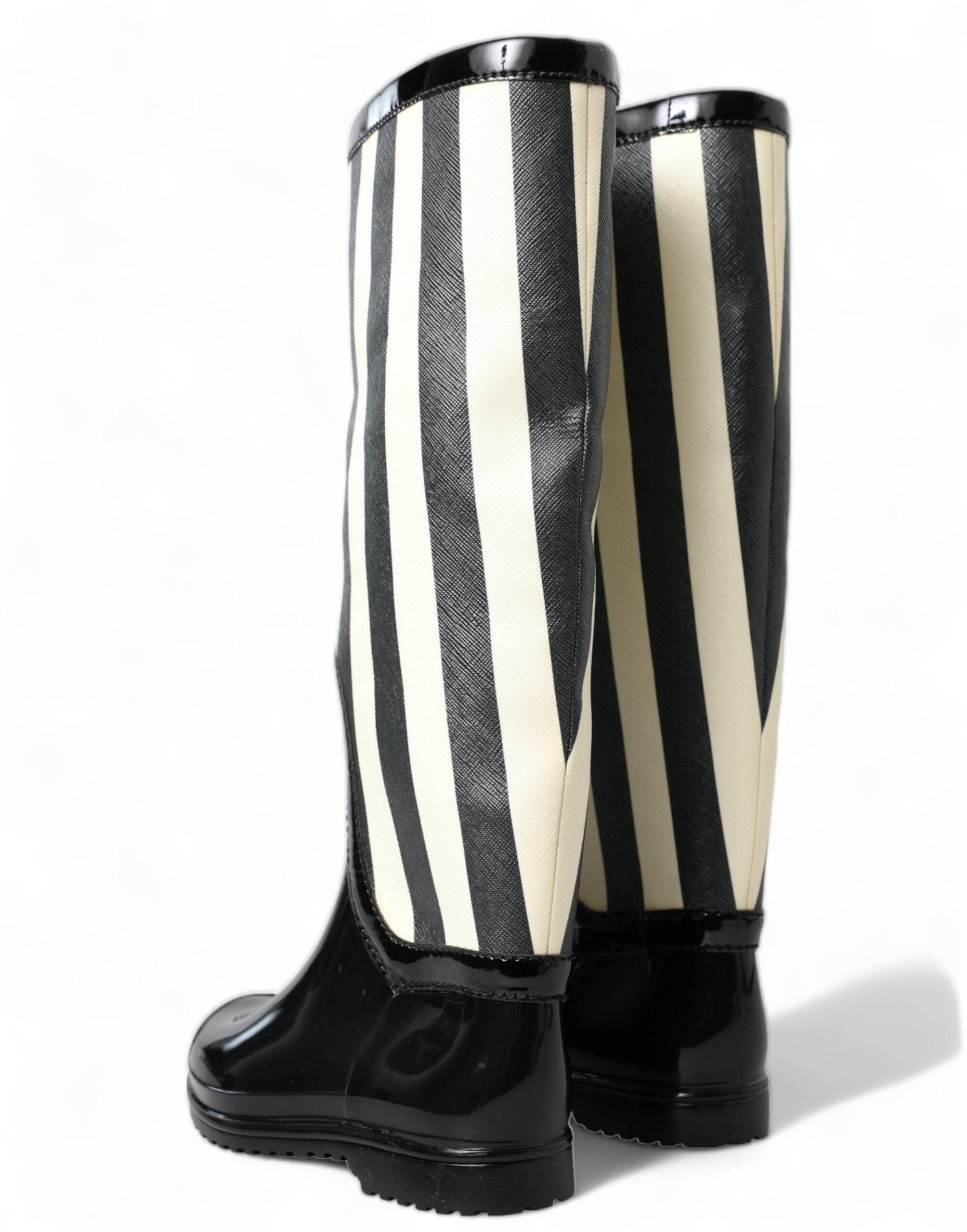 Dolce & Gabbana Black and White Striped Knee High Boots - Hilstor