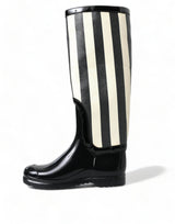 Dolce & Gabbana Black and White Striped Knee High Boots - Hilstor