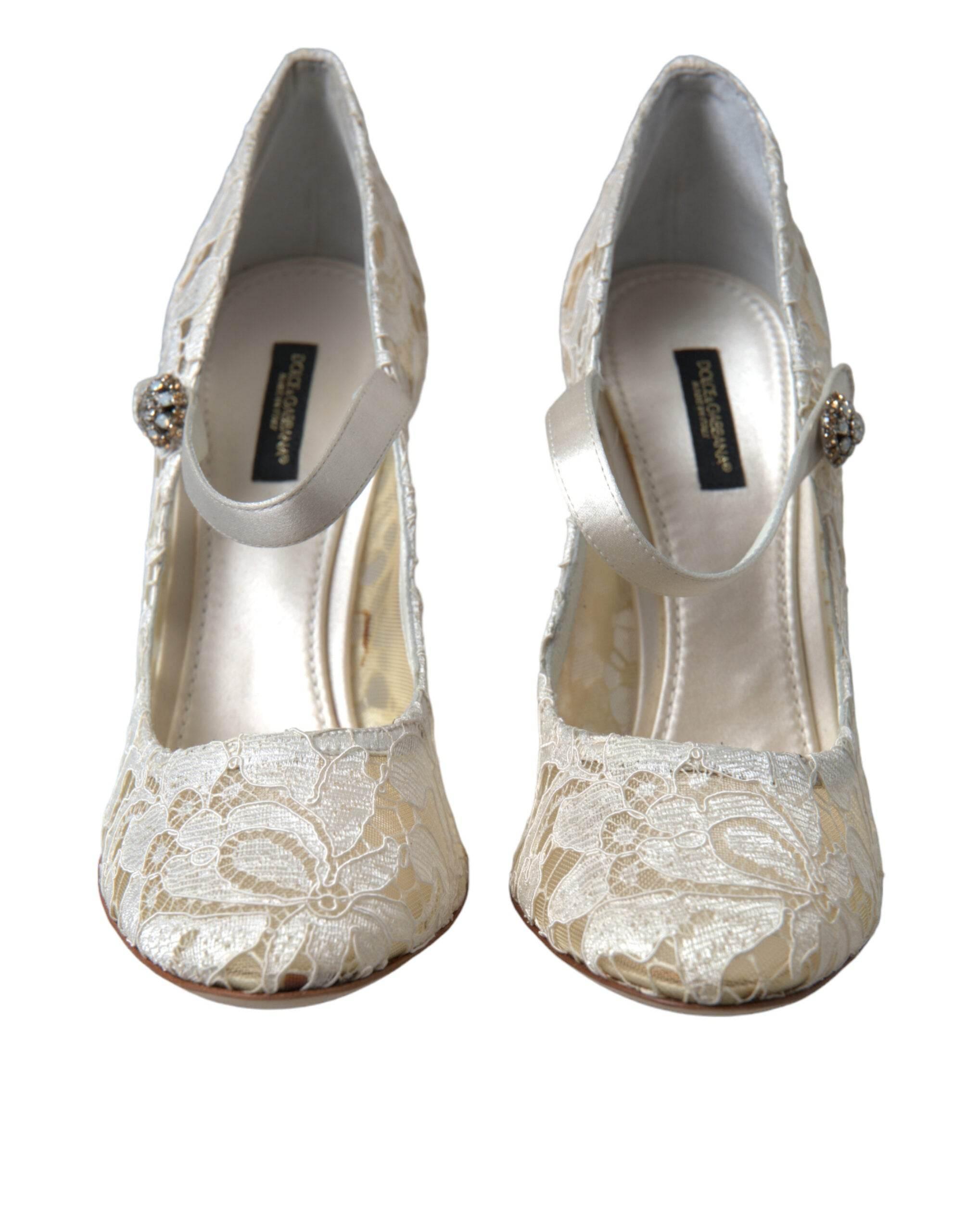 Dolce & Gabbana White Lace Crystals Heels Sandals Shoes - Hilstor